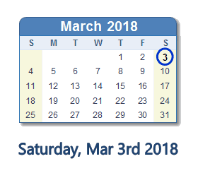 March 3, 2018 calendar