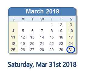 March 31, 2018 calendar