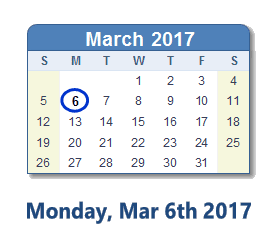 March 6, 2017 calendar