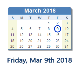 March 9, 2018 calendar