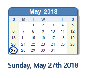 May 27, 2018 calendar