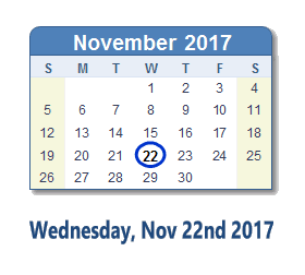 November 22, 2017 calendar
