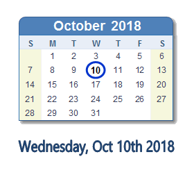October 10, 2018 calendar