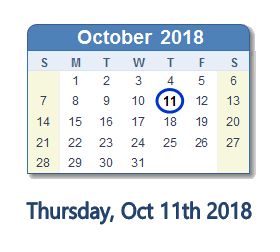 October 11, 2018 calendar