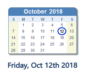 October 12, 2018 calendar