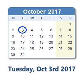 October 3, 2017 calendar