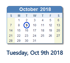 October 9, 2018 calendar