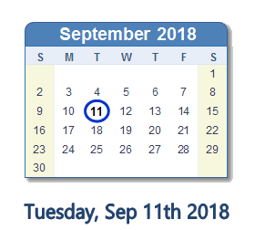 September 11, 2018 calendar