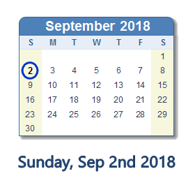 September 2, 2018 calendar
