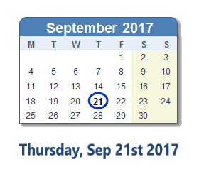 September 21, 2017 calendar