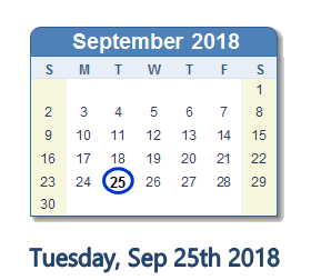 September 25, 2018 calendar
