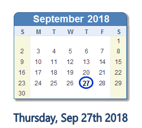 September 27, 2018 calendar