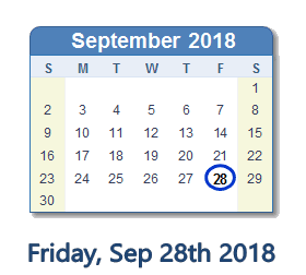 September 28, 2018 calendar