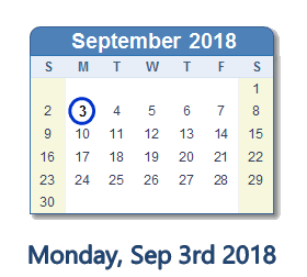 September 3, 2018 calendar