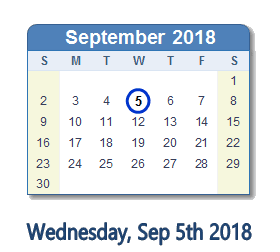 September 5, 2018 calendar