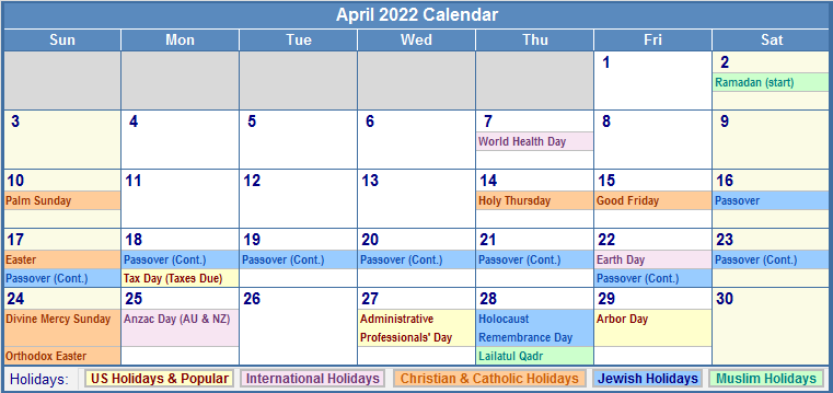 April 2022 Calendar with Holidays - as Picture