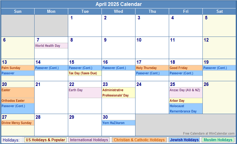 April 2025 Calendar with Holidays - as Picture