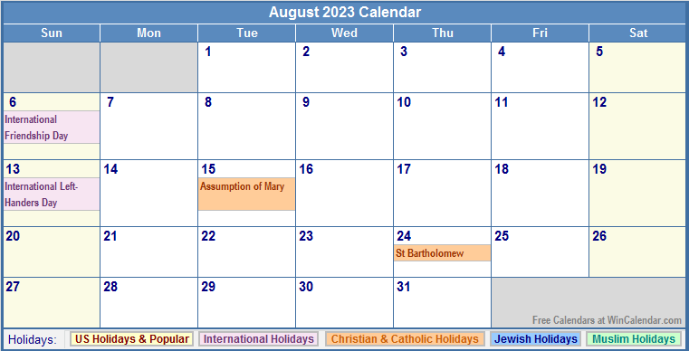 August 2023 Calendar with Holidays - as Picture