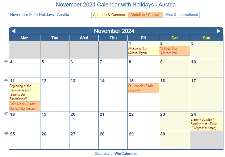 Print Friendly November 2024 Austria Calendar for printing