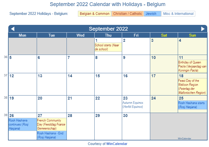 Print Friendly September 2022 Belgium Calendar For Printing