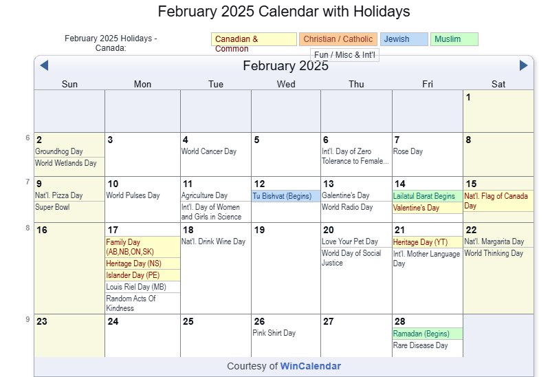 Print Friendly February 2025 Canada Calendar for printing
