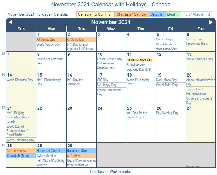 Print Friendly November 2021 Canada Calendar for printing