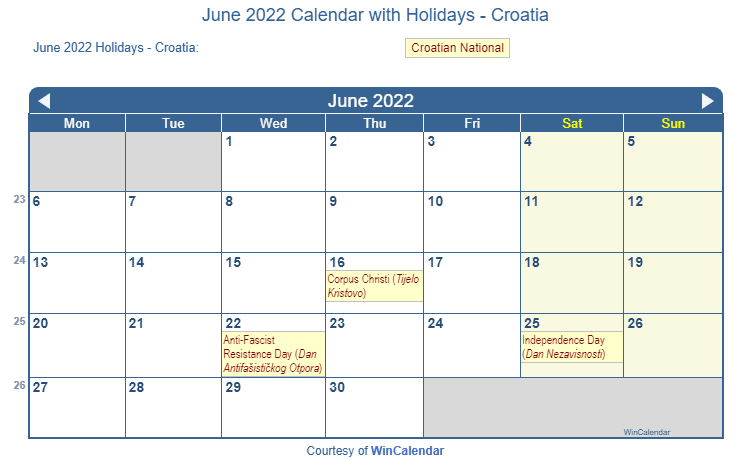 Print Friendly June 2022 US Calendar for printing