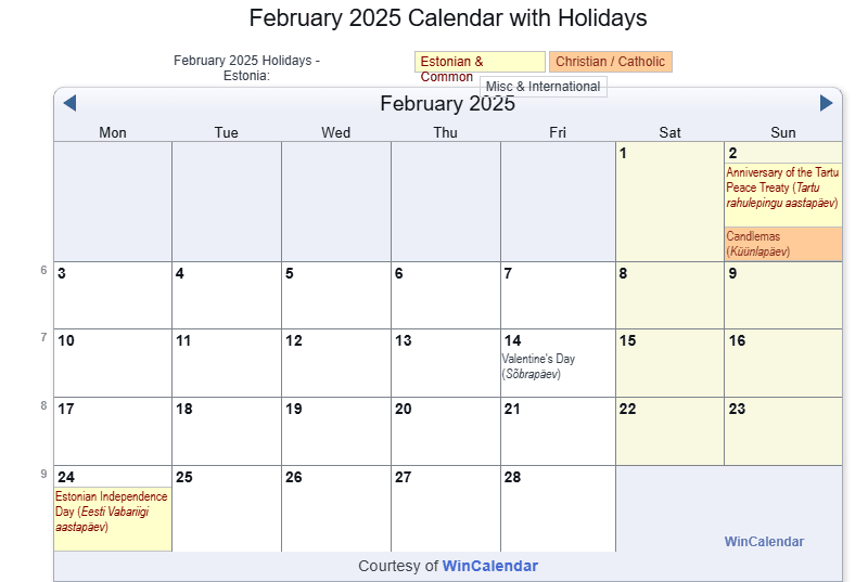 Print Friendly February 2025 Estonia Calendar for printing
