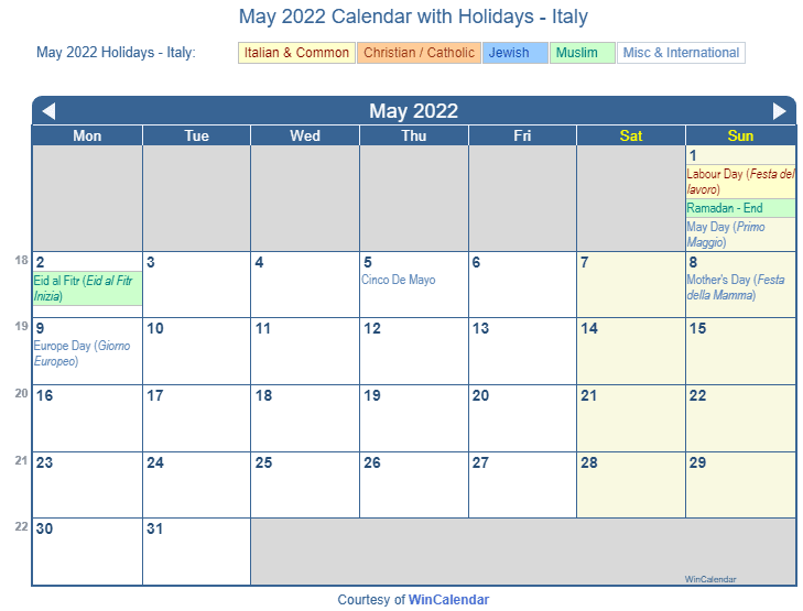 Print Friendly May 2022 Italy Calendar For Printing