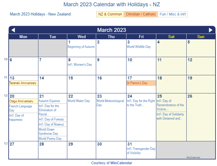 Print Friendly March 2023 New Zealand Calendar for printing