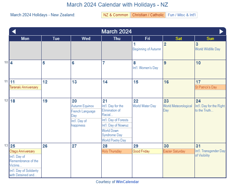 Print Friendly March 2024 New Zealand Calendar for printing
