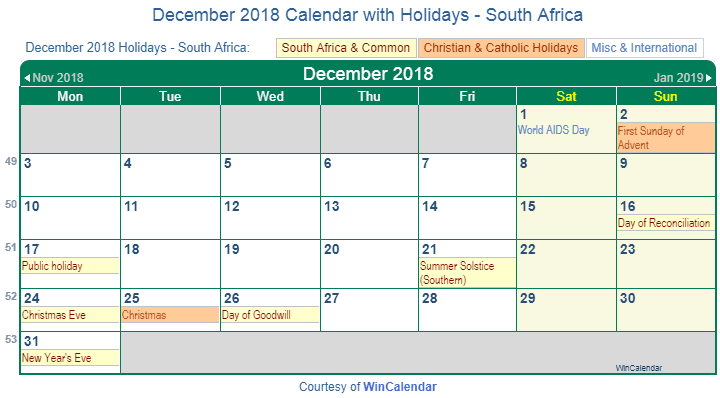 November Calendar 2018 South Africa