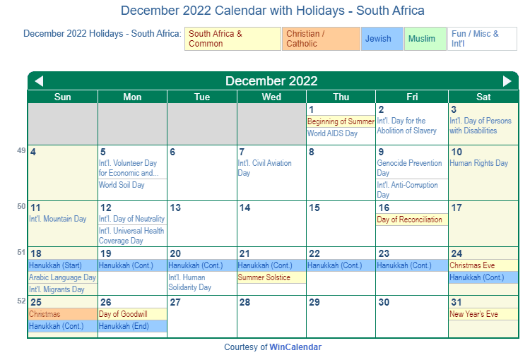 Print Friendly December 2022 South Africa Calendar For Printing
