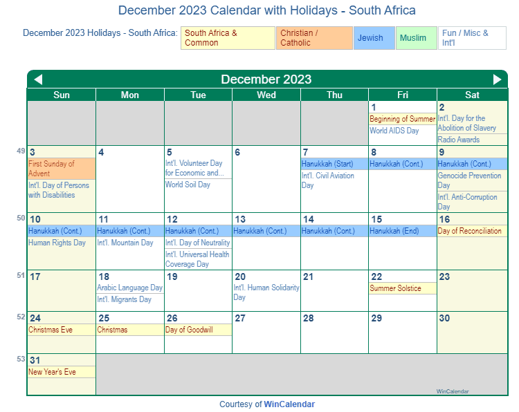 Print Friendly December 2023 South Africa Calendar for printing