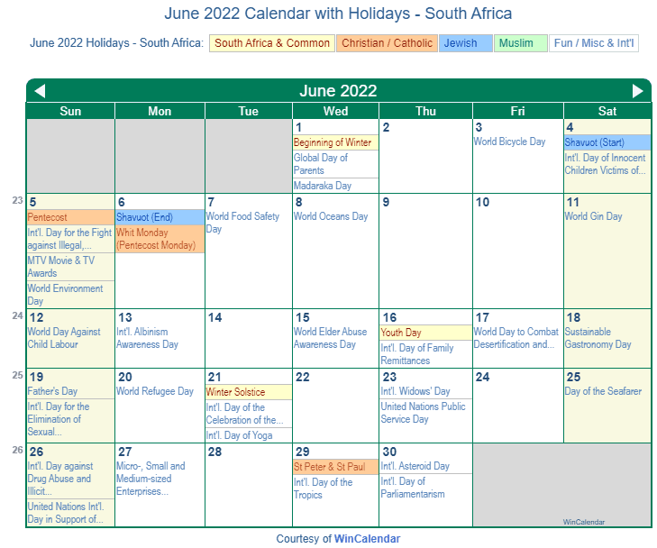 Print Friendly June 2022 South Africa Calendar for printing