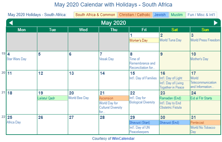 Print Friendly May 2020 South Africa Calendar For Printing