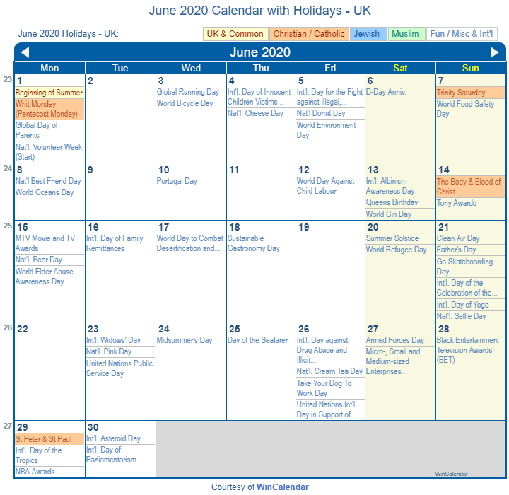 Print Friendly June 2020 UK Calendar for printing