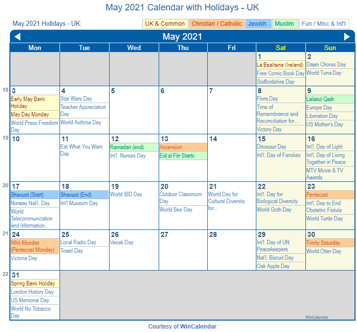 Print Friendly May 2021 UK Calendar for printing