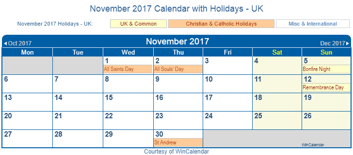Print Friendly November 2017 UK Calendar For Printing