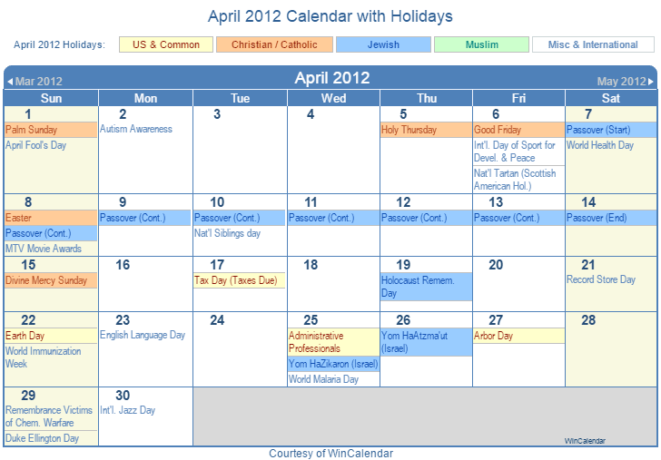 April 2012 Printable Calendar with US, Christian, Jewish, Muslim & Holidays