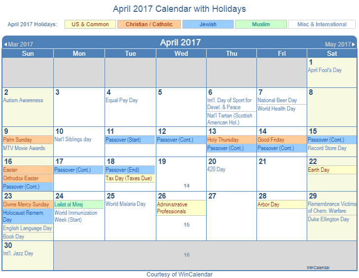April 2017 Printable Calendar with US Holidays including: Christian, Jewish and Muslim Holidays