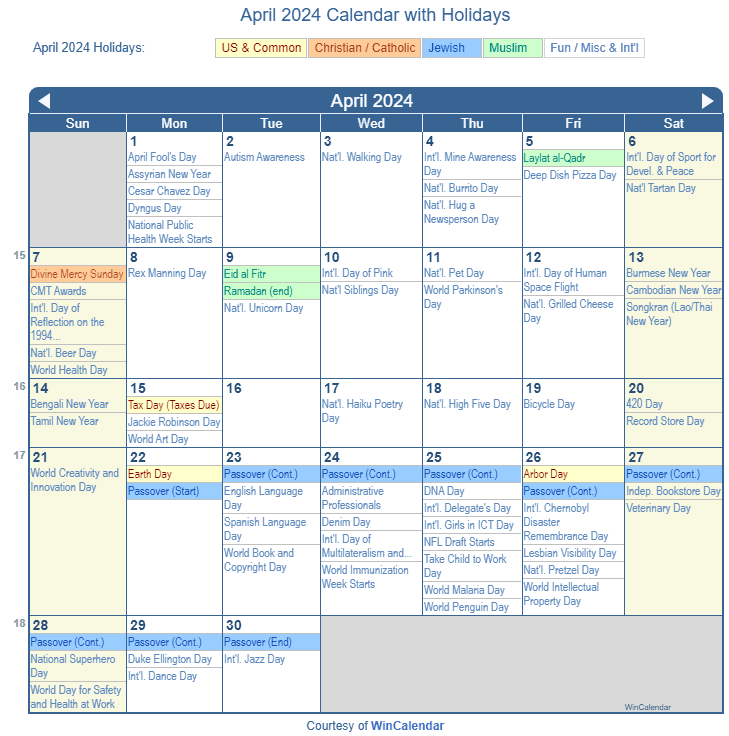 April 2024 Printable Calendar with US Holidays including: Christian, Jewish and Muslim Holidays