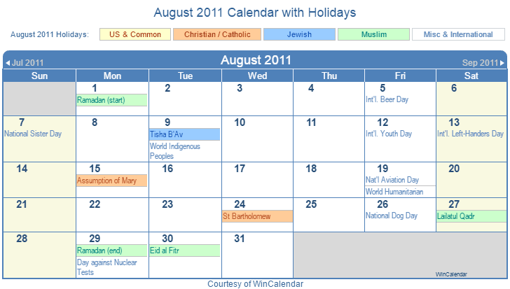 August 2011 Printable Calendar with US, Christian, Jewish, Muslim & Holidays