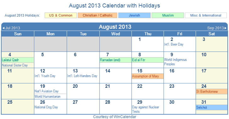 August 2013 Printable Calendar with US, Christian, Jewish, Muslim & Holidays
