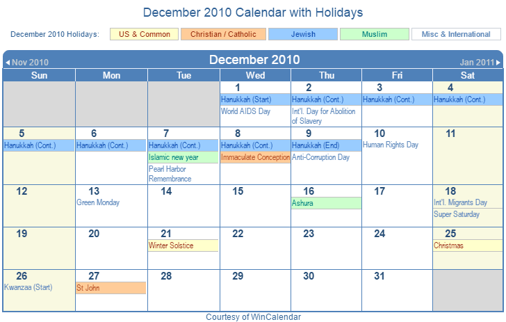 December 2010 Printable Calendar with US, Christian, Jewish, Muslim & Holidays