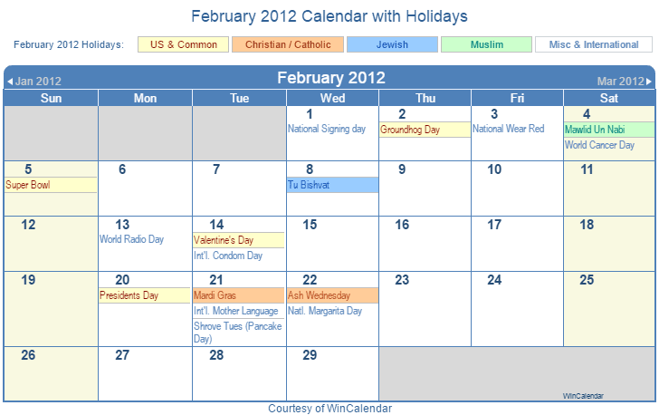 February 2012 Printable Calendar with US, Christian, Jewish, Muslim & Holidays