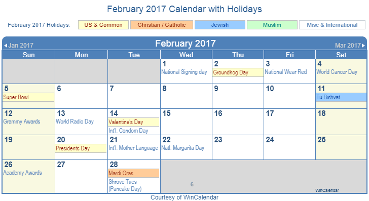 February 2017 Printable Calendar with US Holidays including: Christian, Jewish and Muslim Holidays