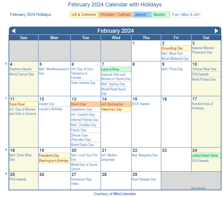February 2024 Printable Calendar with US Holidays including: Christian, Jewish and Muslim Holidays