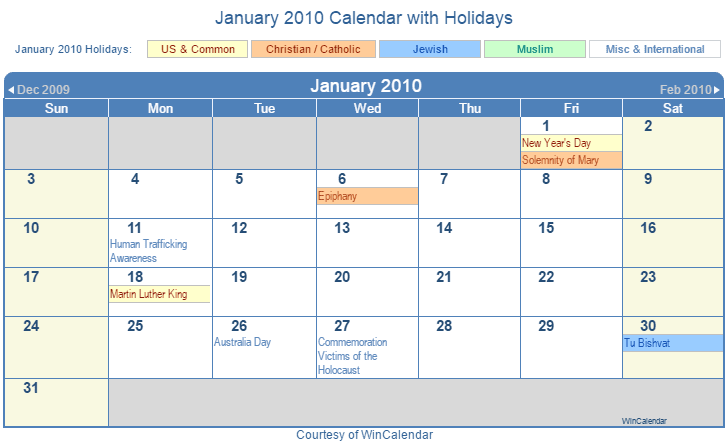 January 2010 Printable Calendar with US, Christian, Jewish, Muslim & Holidays