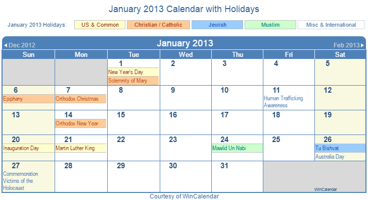 January 2013 Printable Calendar with US, Christian, Jewish, Muslim & Holidays